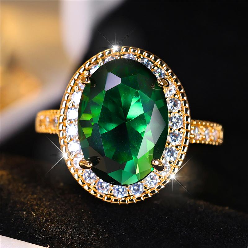 Cute Female Big Oval Green Zircon Stone Engagement Ring Vintage Gold Color Wedding Jewelry For Women