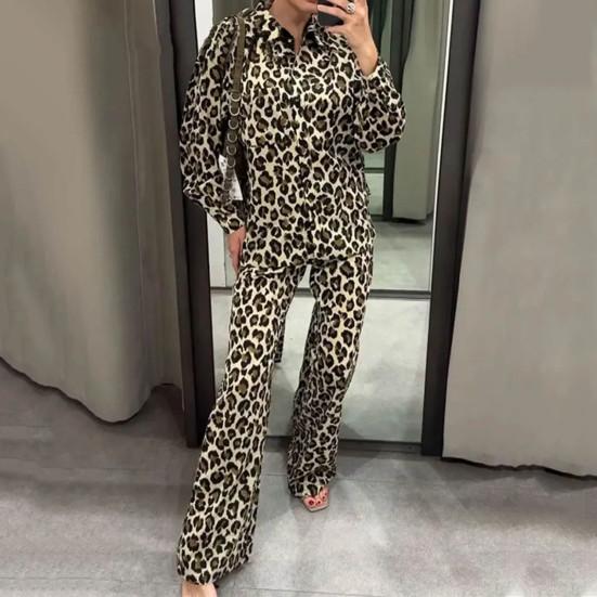 

Женская рубашка с воротником с лацканами и широкими штанинами с длинными рукавами, свободные брюки с леопардовым принтом