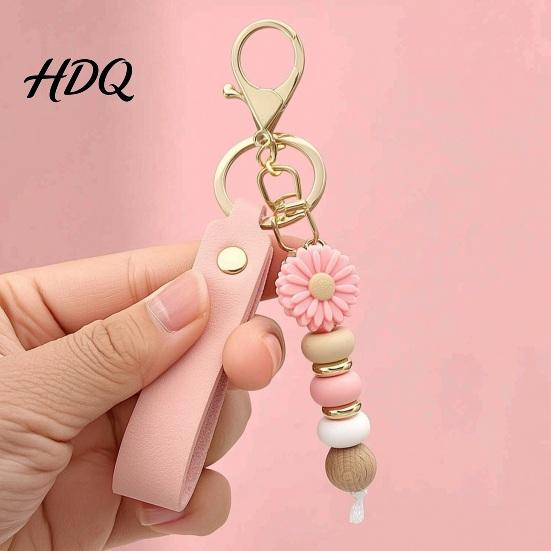 Flower Charm with Wood Beads Silicone Keychain Faux Leather Wristlet Car Key Aesthetic Ring Pendant Handbag Backpack Anti Oxidation Metal