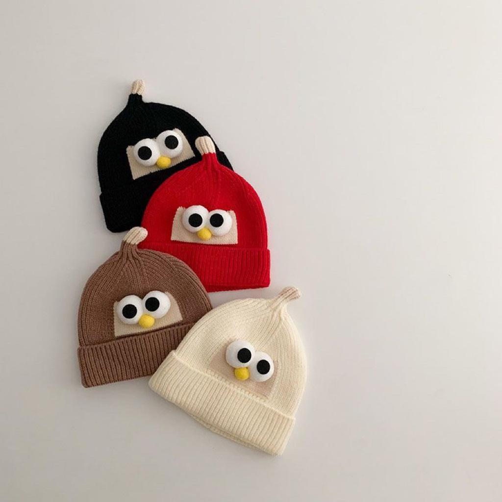 Gorro de lã para bebê outono e inverno versão coreana de gorro quente infantil fofo super fofo olhos grandes homens e mulheres crianças gorro de malha