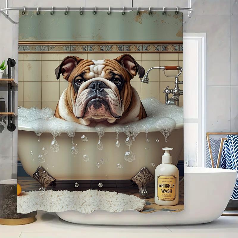 

Bathroom Decor Waterproof Shower Curtain Bath Mat Home Decoration Pet Dog Bubble Bathtub Print White Rustic Style 90x180cm
