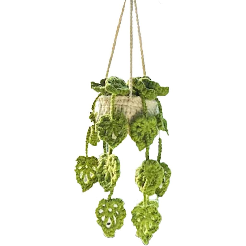 Crochet Hanging Plant for Car, Cute Car Plant Accessories, Knitted Plant Car Mirror Hanger, Boho Car Plant Crochet Hanging Basket (A)