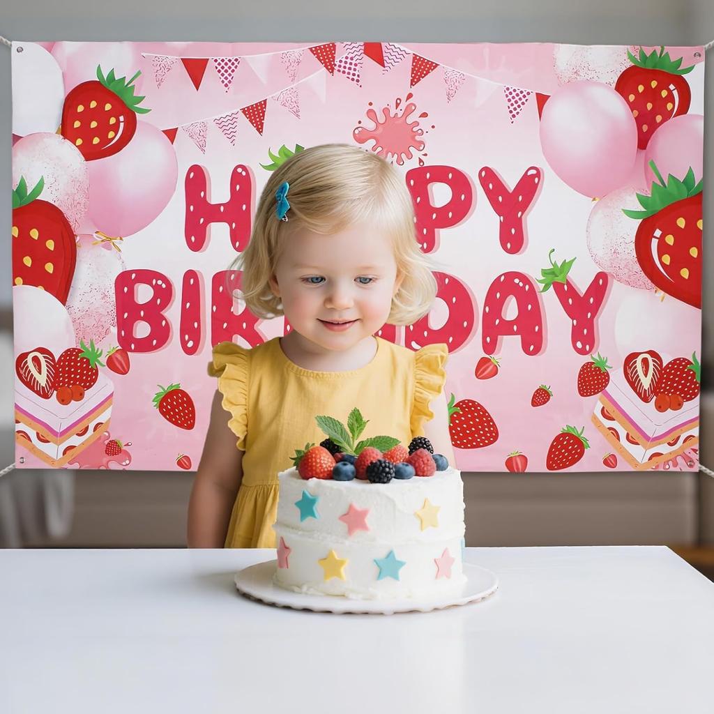 Strawberry Shortcake Happy Birthday Decorations Banner, Strawberry Themed Birthday Party Decoration Backdrop, Berry First Birthday Background Party