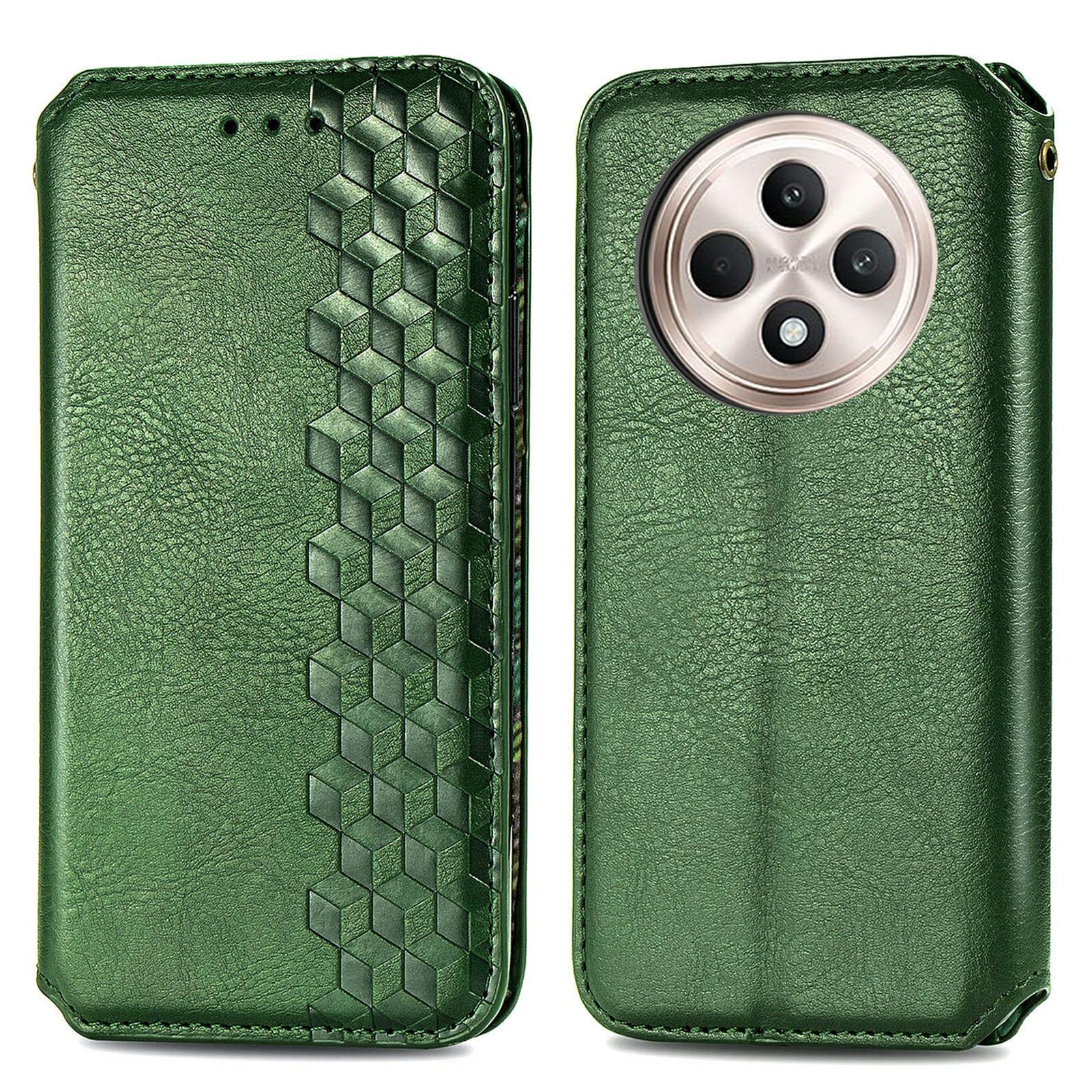 

For Oppo Reno12 F 5G PU Leather Case Rhombus Imprint Wallet Stand Phone Cover Green