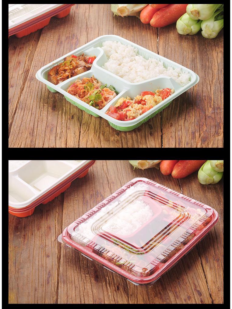 Four-Grid Disposable Plastic Bento Lunch Box with Lid, Multi-Compartment Food Packaging Container.