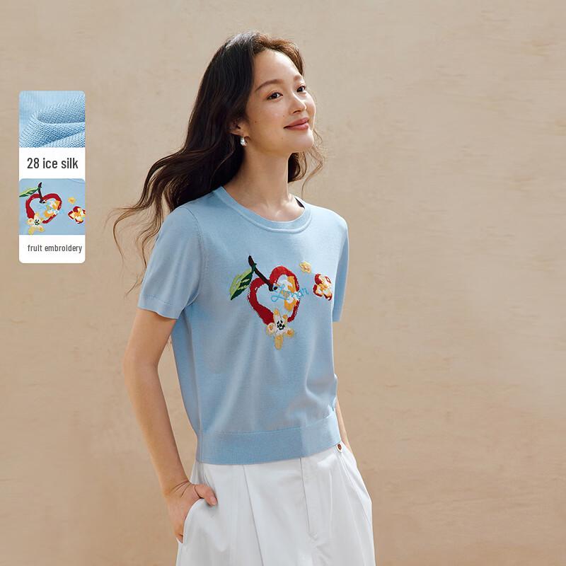 INMAN Women s Cooling Ice Silk Fruit Embroidered Short Sleeve Knit Top S