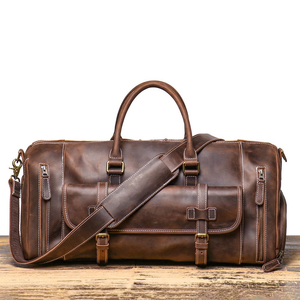 

European-American Crazy Horse Leather Travel Bag with Independent Shoe Compartment - Large Capacity Single Shoulder Crossbody Handbag