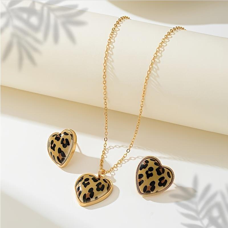 Design a forma di cuore con stampa leopardata orecchini retrò sexy set due pezzi semplice e versatile gioielli da donna amore