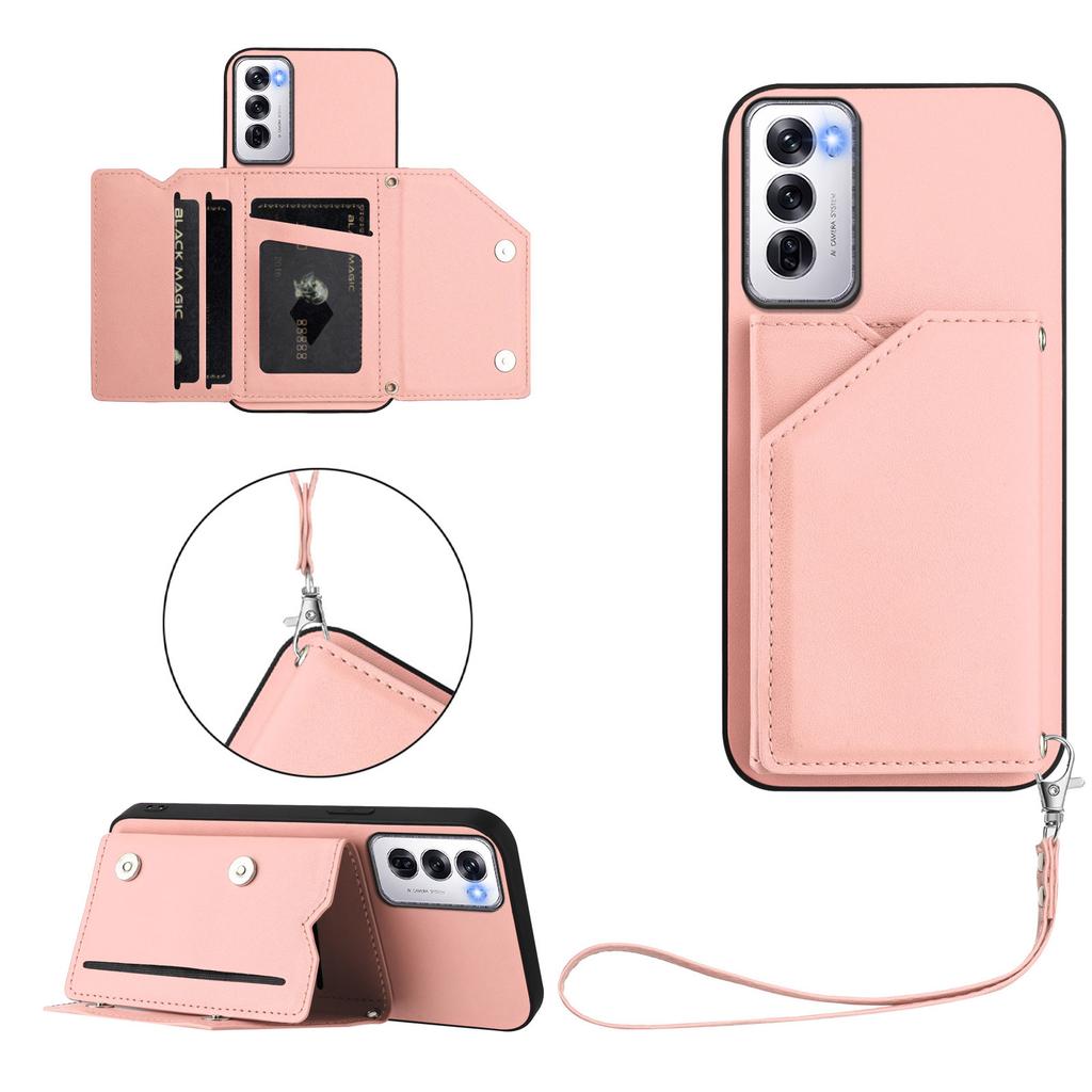 For Oppo Reno12 5G (Global) Case Card Holder Kickstand Skin-Touch Phone Cover with Wrist Strap