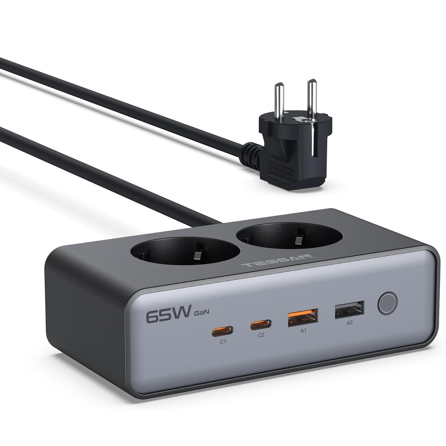 

TESSAN PD 65W USB C Зарядний пристрій з вимикачем, Швидкий зарядний пристрій з подовжувачем 1,5 м для мобільних телефонів, планшетів та ноутбуків. 2 Outlet&2 USB-A&2 USB-C чорний
