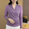 Women Solid Color Long-sleeved T-Shirts Design Mesh Stylish Cross-collar Beaded Top