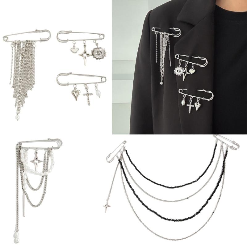 Elegant Brooch Pin Featuring Tassels and Chain Detail Decorated by Imitation Pearls for Personalizing Garments