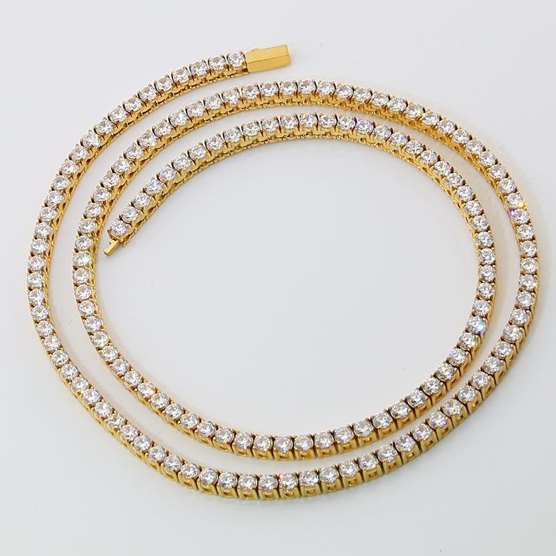 Pvd 18k Gold Hip Hop 316 Stainless Steel 3mm Width Crystal Zircon Stone Tennis Chain Necklace for Party Men Women's Jewelry