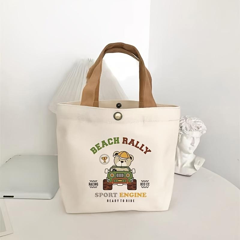 Canvas Tote Bag Mini Shoulder Bag with Cute Bear Buckle Closure, Casual Style, Tote Bag Durable Handle, Cute Tote Bag