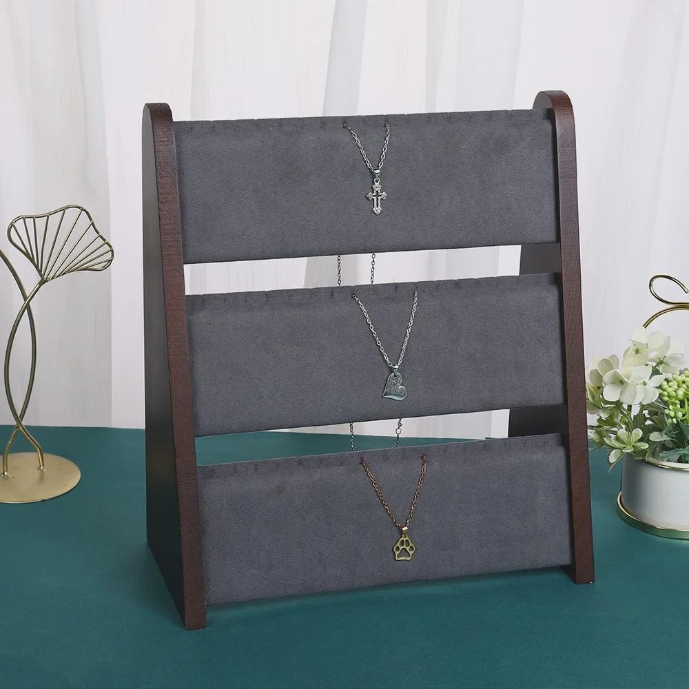 Espositore per gioielli a tre strati in noce nero per collane e bracciali