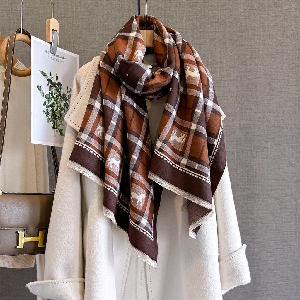 Autumn and winter pony light luxury fashion plaid shawl women's versatile warm windproof thickened medium and long jacquard scarf
