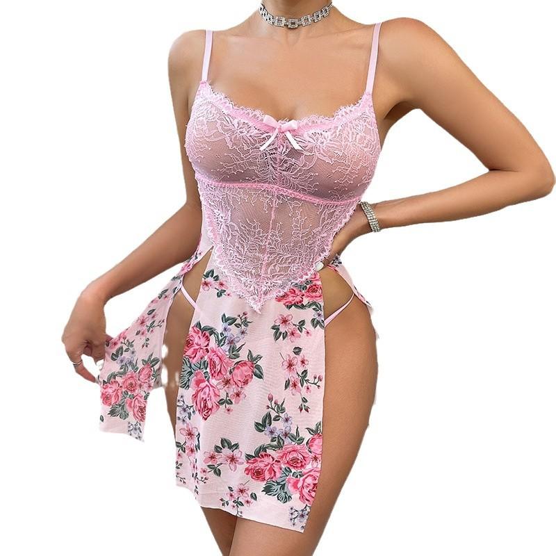 Europe and the United States popular mesh printing sexy split fork, suspender skirt sexy underwear set