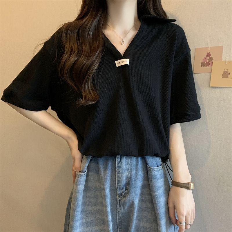 Women V Neck Turn Down Collar Short Sleeve Knit T Shirt S чёрный