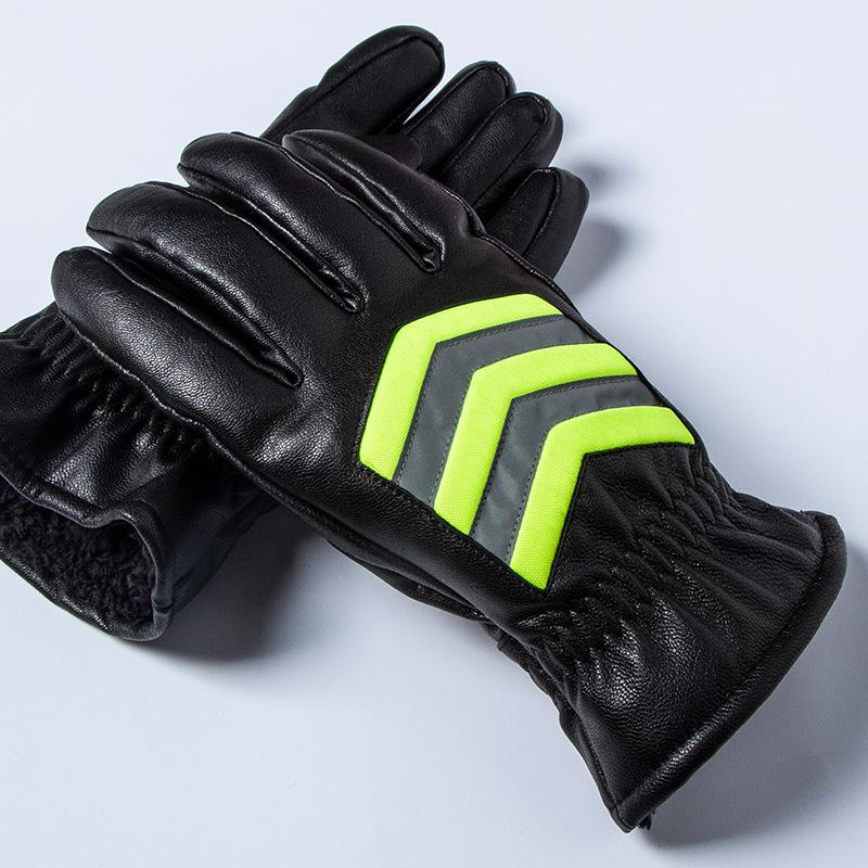 Night Cycling Traffic Command Fluorescent Reflective Plus Velvet Thickened Security Guard Duty White Bend Finger Goat Leather Genuine Gloves