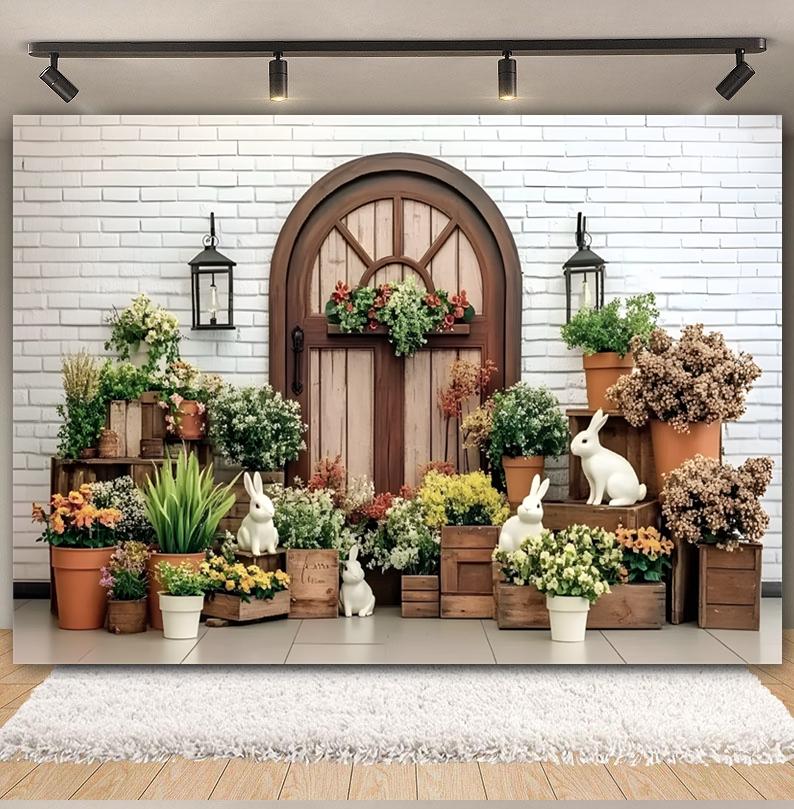 Easter white brick wall flower rabbit Easter egg shooting Backdrop spring flower wall children's birthday party banner Backdrop