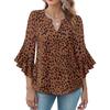 Women Leopard Print Blouse V Neck Bell Sleeve Casual Button Down Shirt