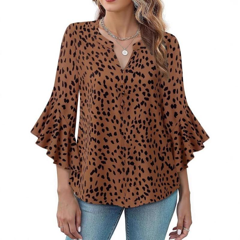 Women Leopard Print Blouse V Neck Bell Sleeve Casual Button Down Shirt