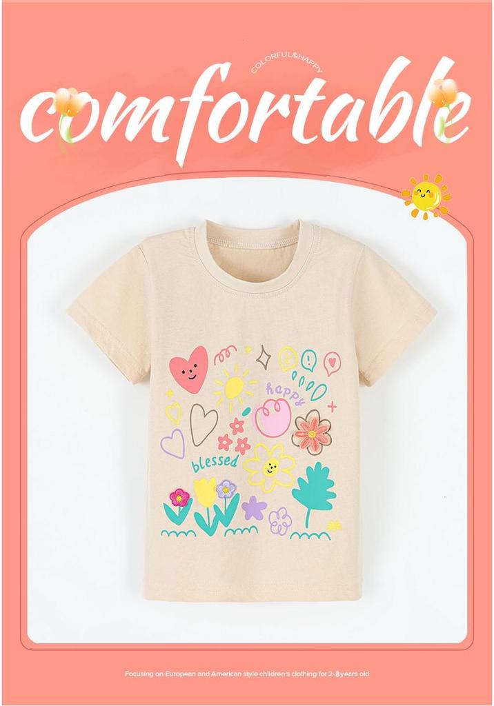 2026 Summer Girls' Floral Print Short-Sleeve Round-Neck T-shirt - European & American Style