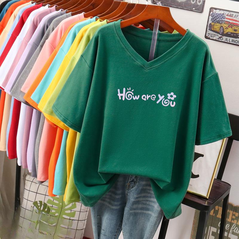 Camiseta de manga curta, Solta, Top V-neck Estampado Emagrecedor para Mulheres