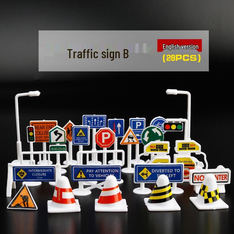 Children's DIY Model Parking Scene with 28-Piece Road Signs and Traffic Signposts Set, Including Free Gifts.