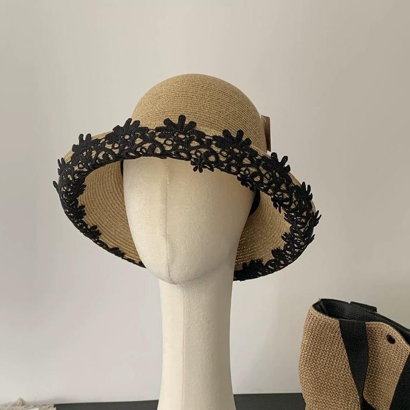 

Straw sun hat women s summer beach vacation sweet lace curled elegant shade fisherman hat Head circumference 52-58CM