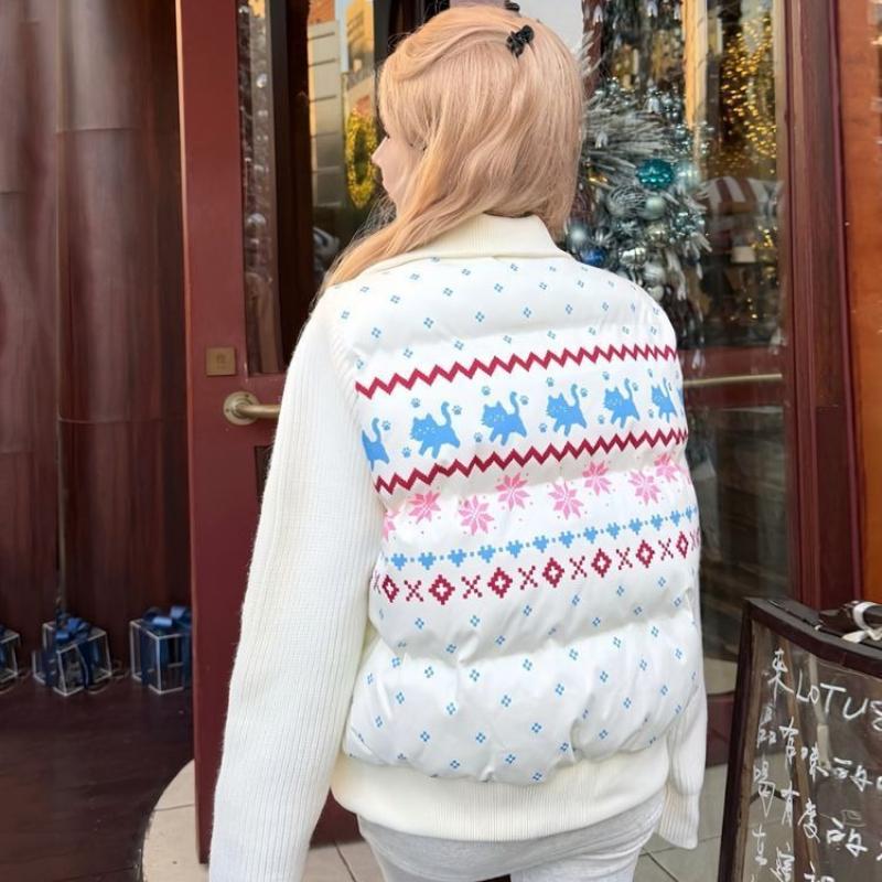 Women Korean Thick Warm Winter Cotton Coat Off-Season Fair Isle Knit Splice Stand Collar Loose Outerwear
