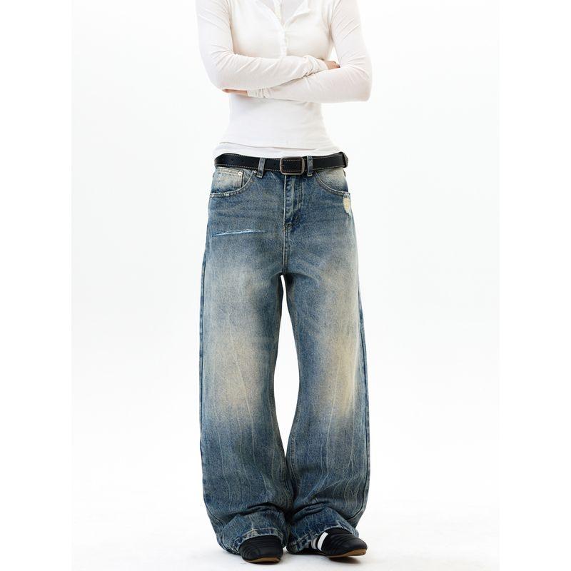 Kisko American-Style Washed Cracked Straight-Leg Drapey Jeans for Men and Women, Cool and Clean Fit, Slimming Pants, Trendy