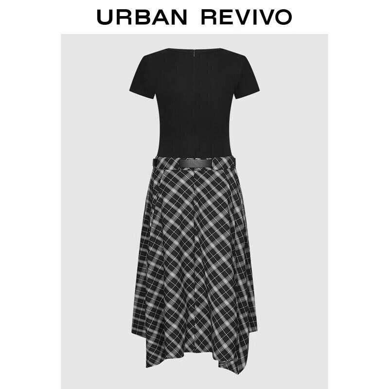 UR2026 Women s Casual Spliced Plaid Short-Sleeve Belted Dress XS