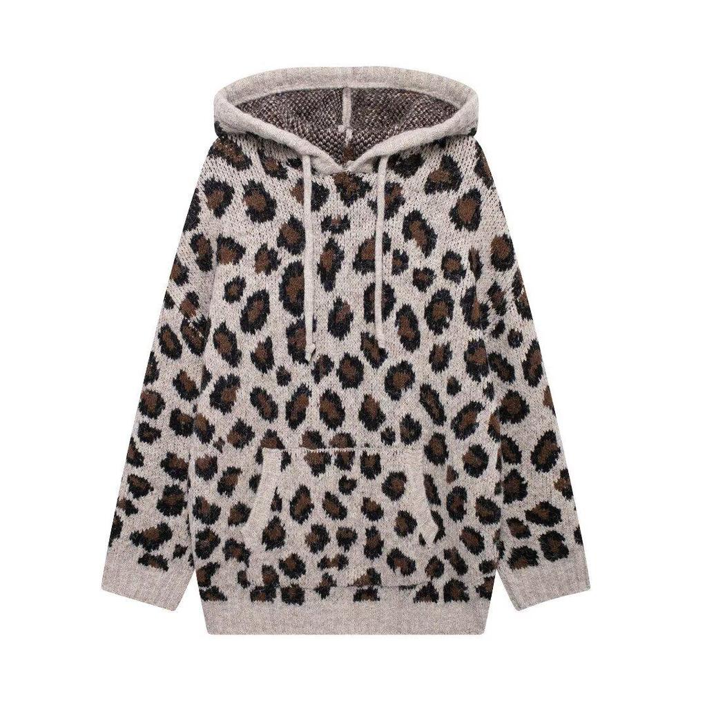 Women's Leopard Print Hooded Knit Sweater - Winter 2024 European and American Style
