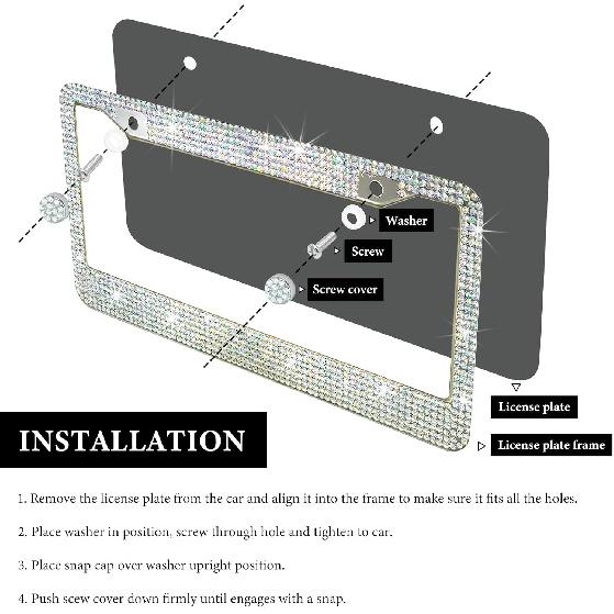 Bling Car License Plate Frame, 2 Holes Stainless Steel Sparkly Auto Tag Cover with Screws Caps, Bedazzled Rhinestone Licence Plate Holder Vehicle