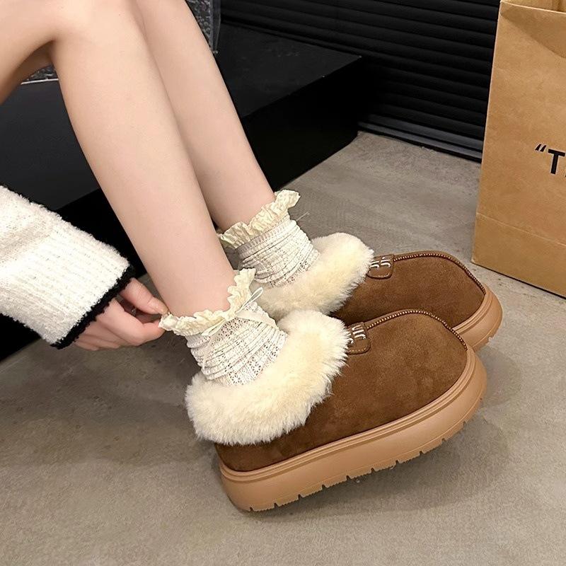 Winter velvet snow cotton retro ugly cute women's shoes frosted fur shoes boots one pedal thin big head bread shoes