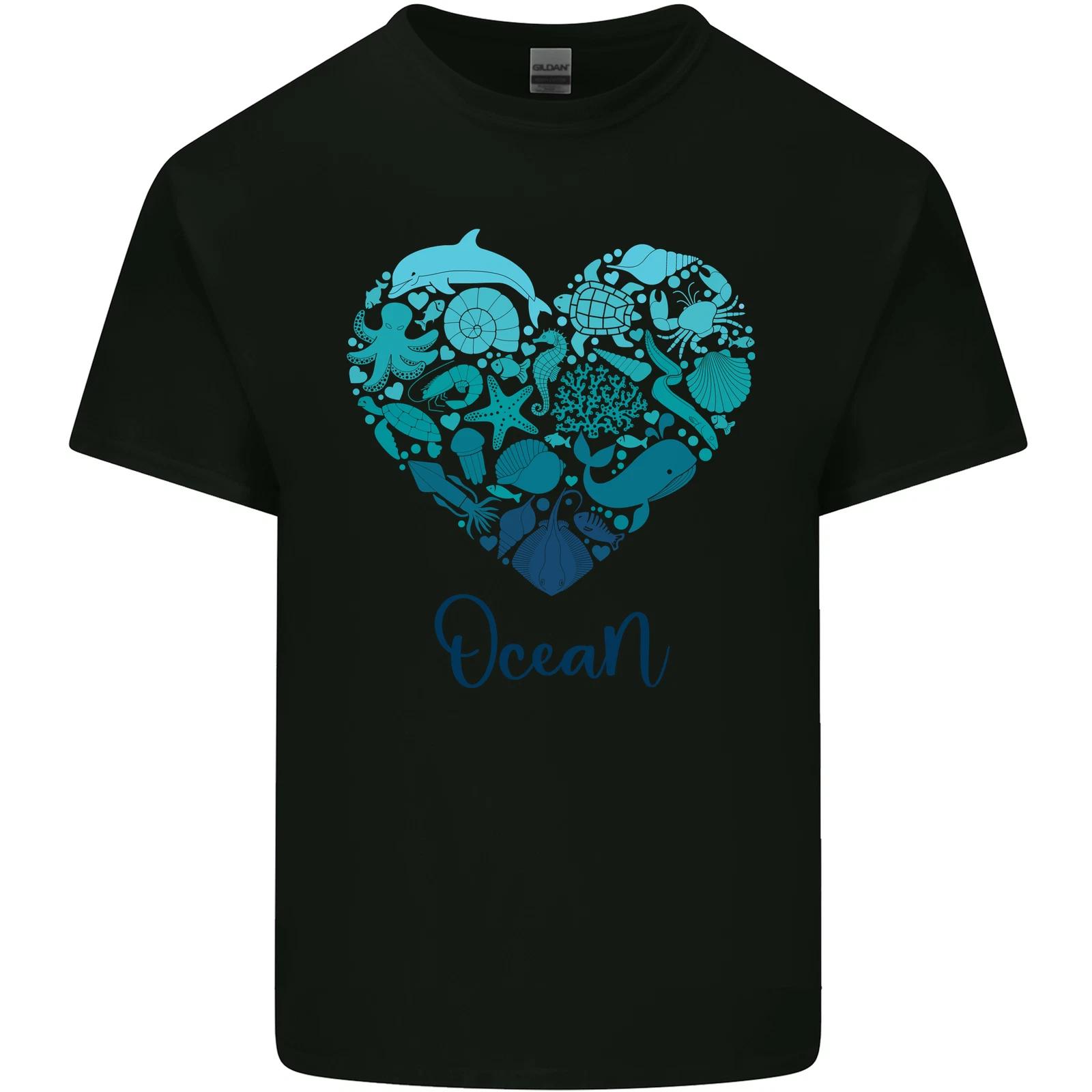 Ocean Heart Ecology Dolphin Turtle Whale Octopus T-Shirt Childrens L