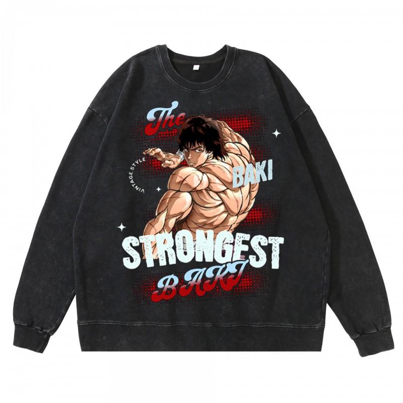 Heavyweight 360g Washed Vintage Baki Hanma Anime Graphic Hoodie-Free Cotton Sweatshirt Men