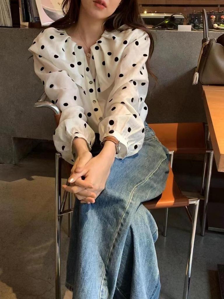 Women's Sweet Polka Dot Long-Sleeve Color Block Shirt, 2026 Spring Korean Style, Single-Breasted with Doll Collar