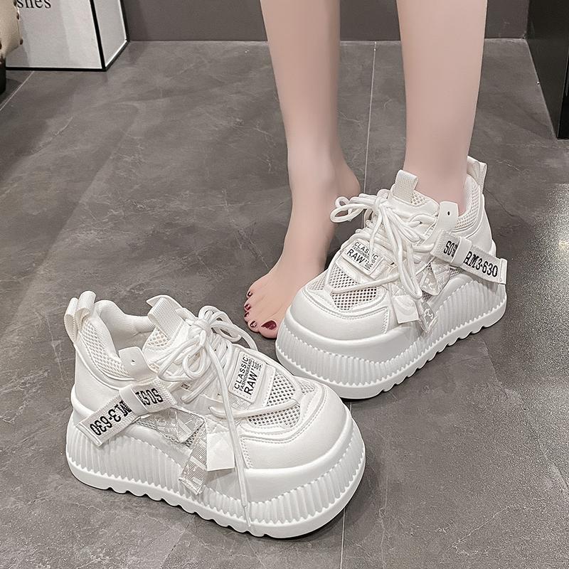 Fashion Women 2025 Spring Summer Breathable Mesh Lace Chunky Sneakers High Platform Sports Shoes New Hollow Casual Non-slip Shoes