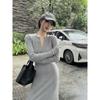 Kumikumi Retro Gray Half-Open Collar Long Sleeve Dress Women Autumn Elegant Knitted Waist Hugging Hip Skirt Long Dress