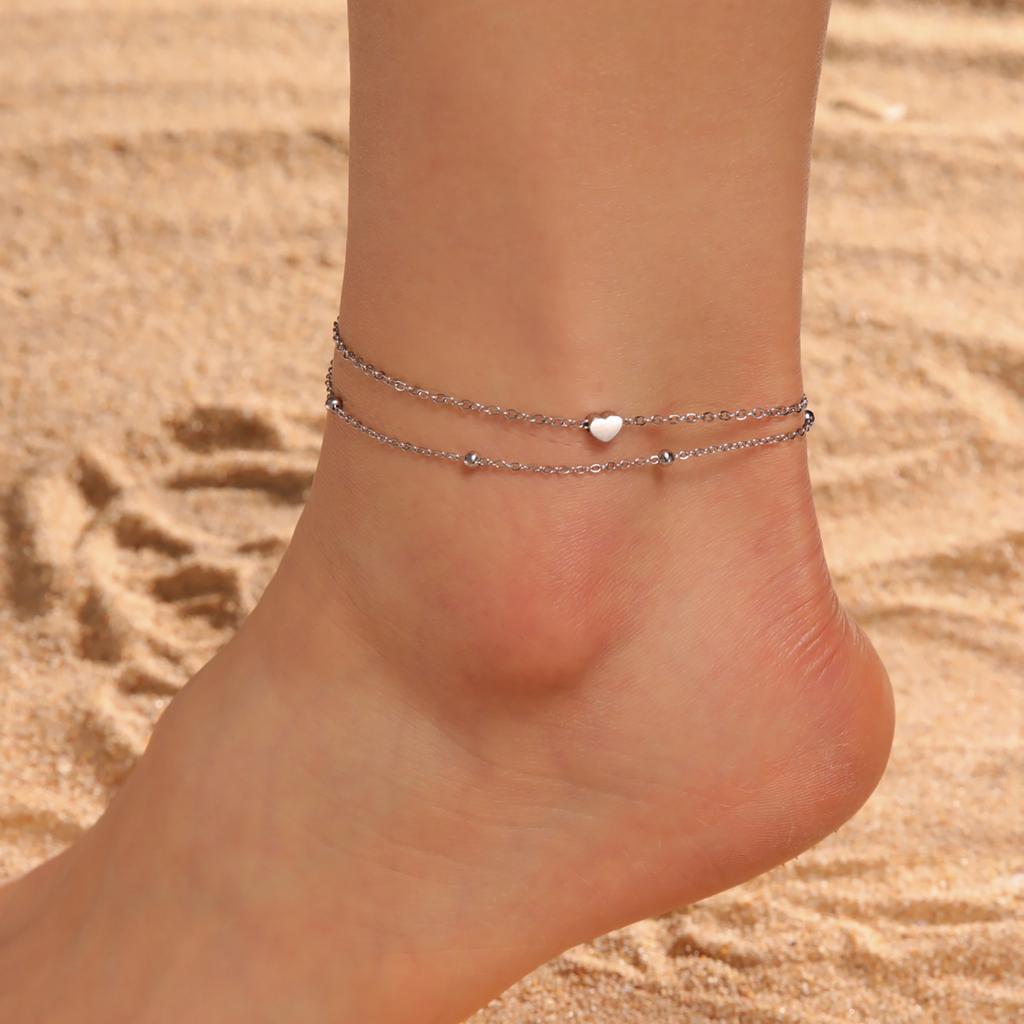 Teamer Stainless Steel Summer Love Heart Charm Bracelet Anklet for Women Girls Double Layer Chain Anklet Foot Beach Jewelry