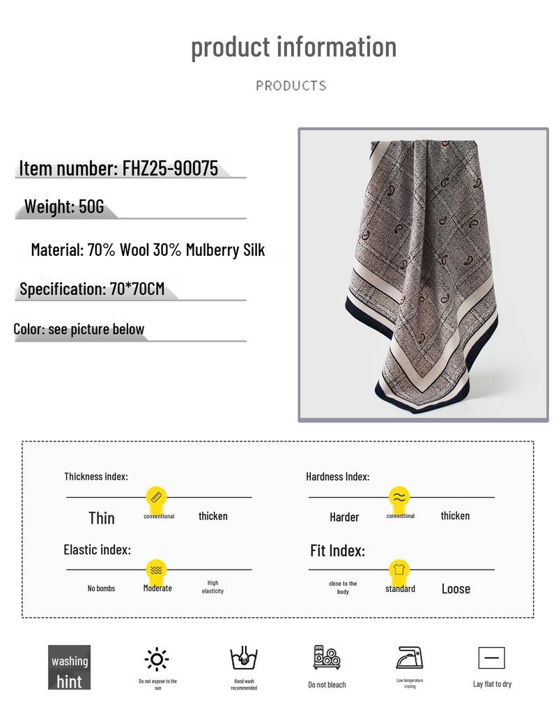 Paisley Cashew Silk Wool Scarf for Women - Handmade, Rolled Edges, High-End Autumn/Winter Square Neck Tie, 70