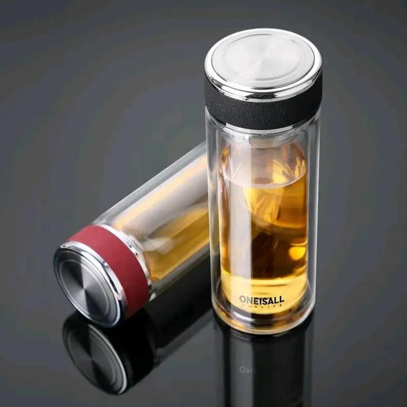Double-Layer Glass Tea Cup with Custom Logo and Screw Cap