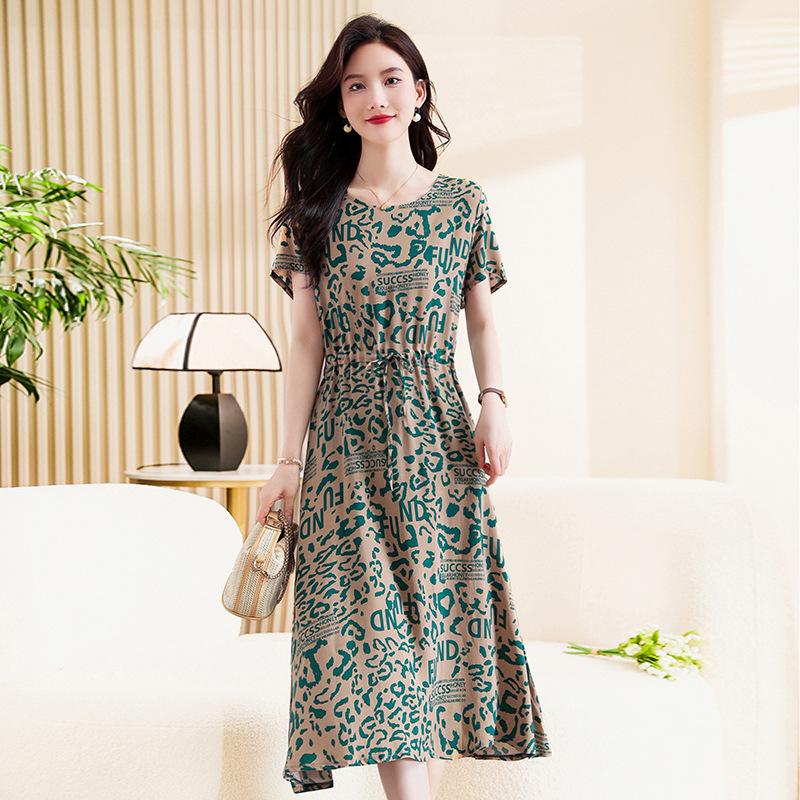Summer Half Sleeve Print Long Plus Size Dress for Women Casual O-Neck High Waist Slim Ladies Maxi Dresses