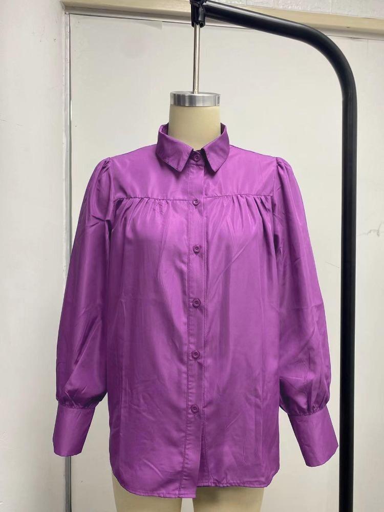 Women Loose Solid Color Button Down Shirt with Pleated Lantern Sleeves