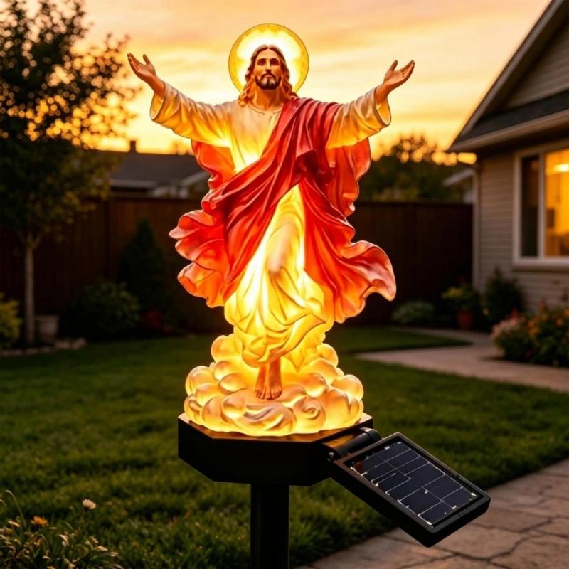 Religious Figurine Solar Lamp Statue for Garden Lawn Border, Resin Yard Stake Sculpture with Warm Light for Flower Bed and Outdoor Entry Use