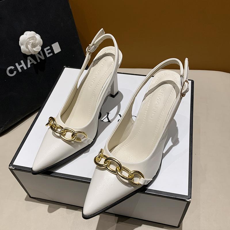New Baotou sandals women's summer metal chain pointed stiletto high heels design sense