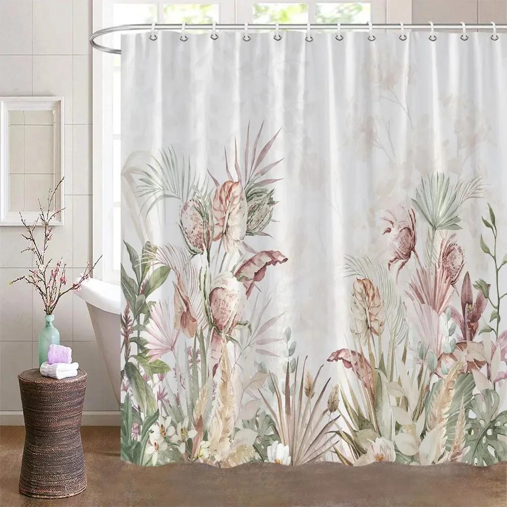 Boho Leaves Shower Curtain Tan Leaf With Floral Decorative Bath Curtain Polyester Fabric Waterproof Bathroom Curtain With Hooks