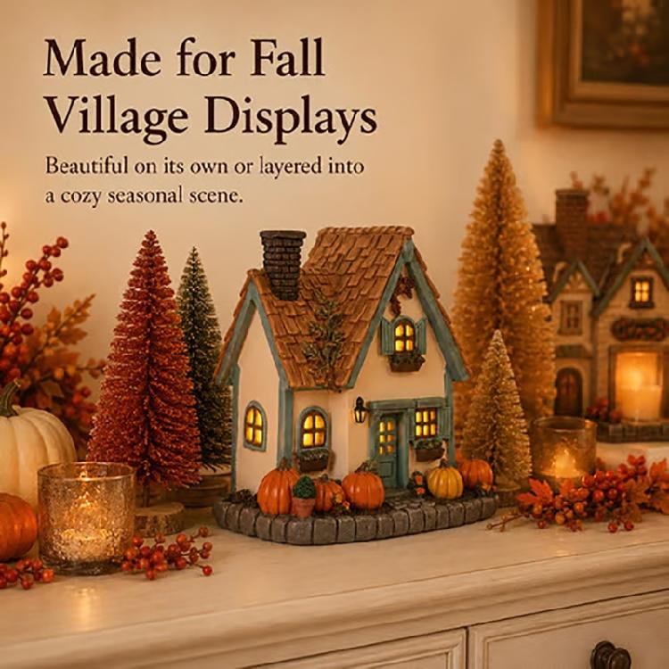 Indoor Resin Harvest House Statue with Warm Window Lighting for Halloween Shelf Styling and Seasonal Fall Scenes